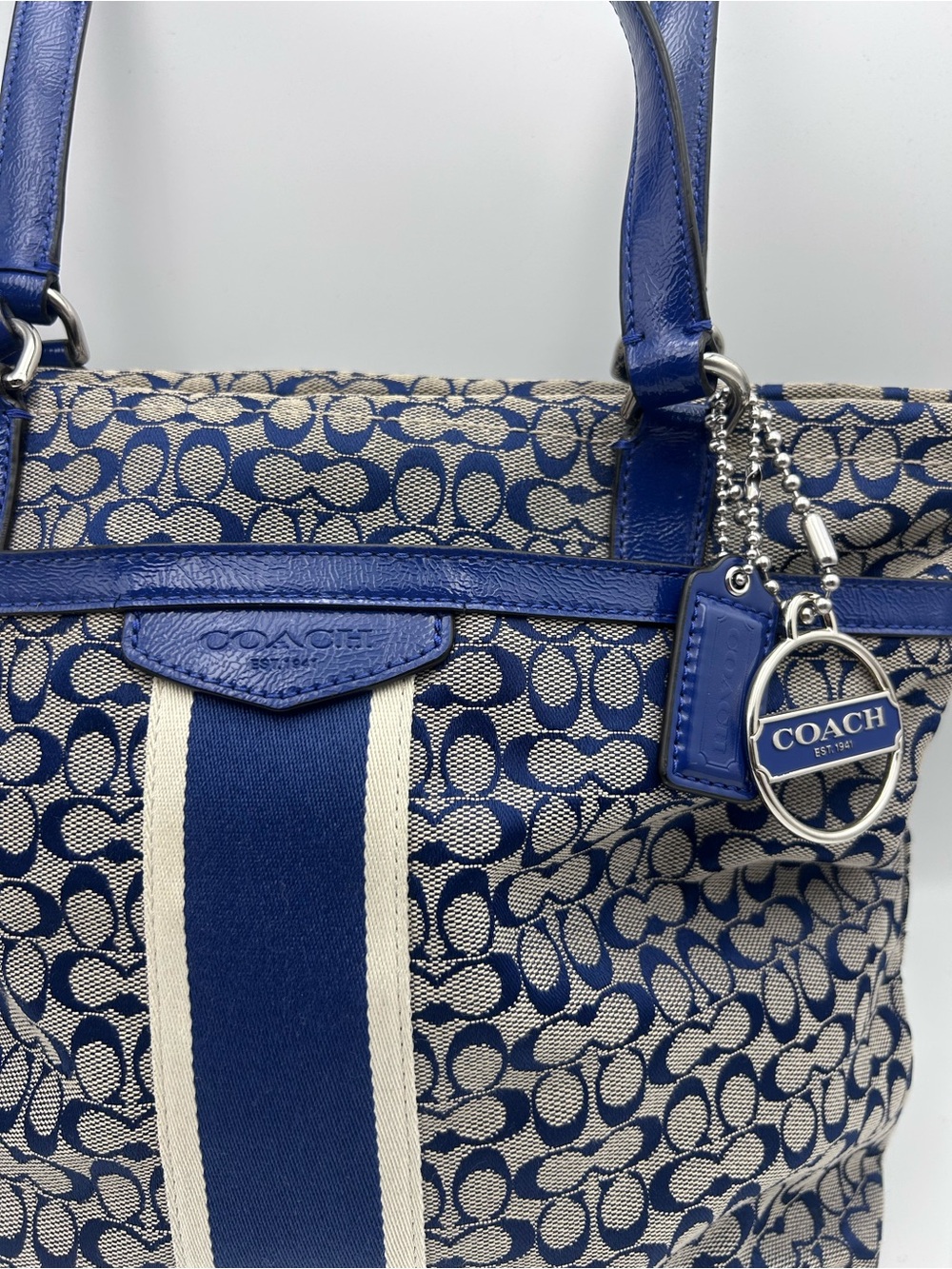 Coach Blue and Cream Signature Stripe Tote - Picture 2 of 6